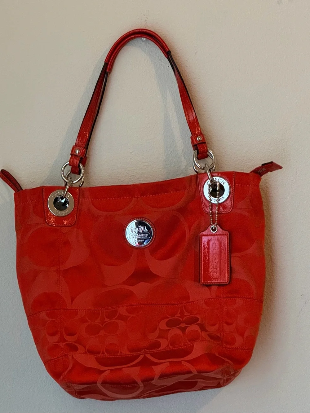 Red/Orange Coach Alex tote satin and patent leather